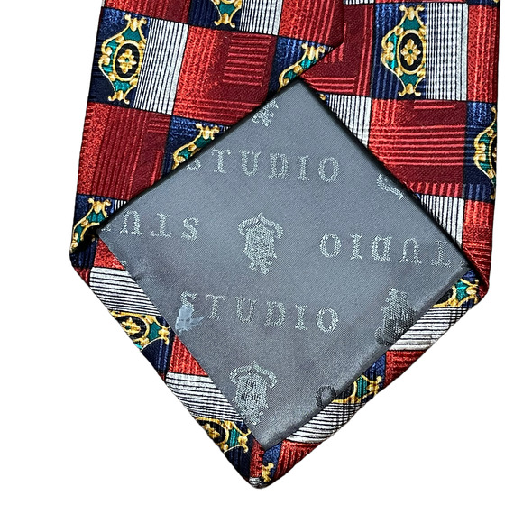Robert Talbott Studio Mens Tie Red Silver Blue Check‎ Pattern 100% Silk 59"LX4"W - Picture 4 of 5
